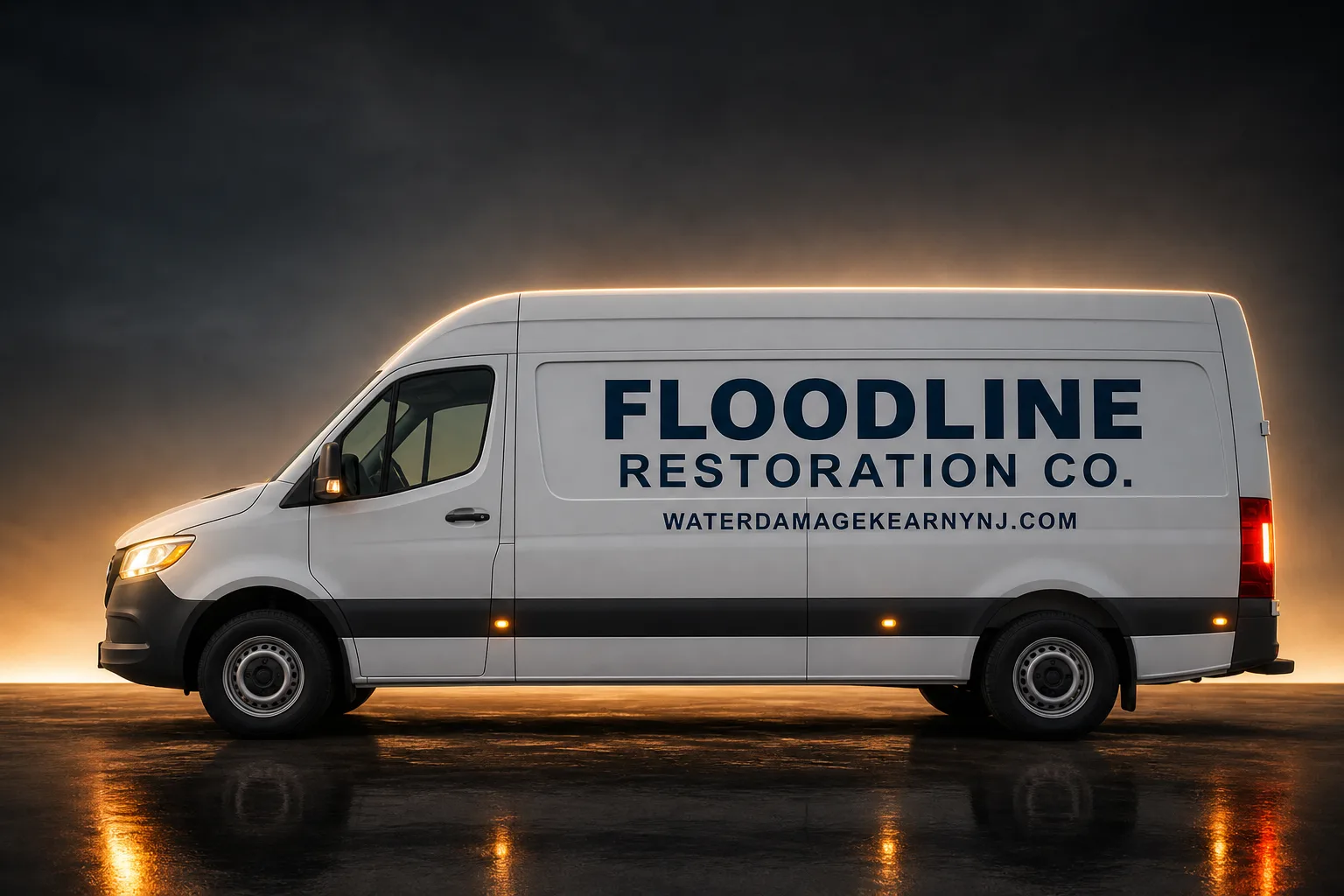 Floodline Restoration Co. damage restoration service vehicle and crew in Kearny, NJ